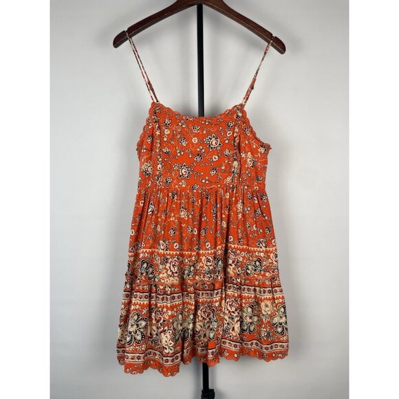 Urban Outfitters Sundress Orange Floral Mini Embroidered Scalloped Hem Small - Picture 2 of 9